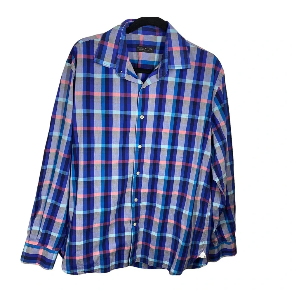 Bloomingdales Mens Store Checkered Button Down Shirt 100% Cotton Blue Gray Large - Picture 1 of 4
